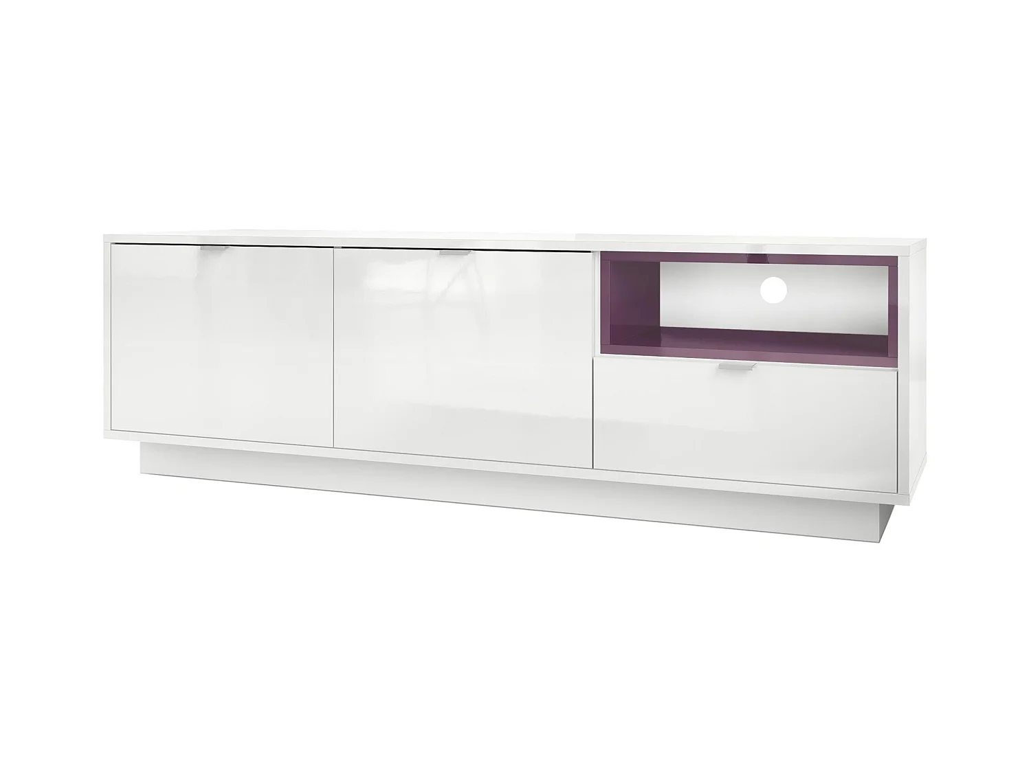 Meuble TV Armoire Metro, Corps en Blanc haute brillance / Façades en Blanc haute brillance avec une insertion en Mûre haute brillance