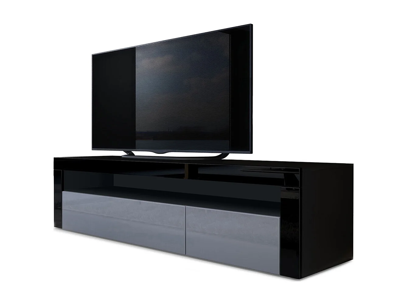 Buffet bas Valencia, Meuble TV avec 1 compartiment ouvert et 2 clapets, Noir mat/gris haute brillance/noir haute brillance (155 x 46 x 40 cm)
