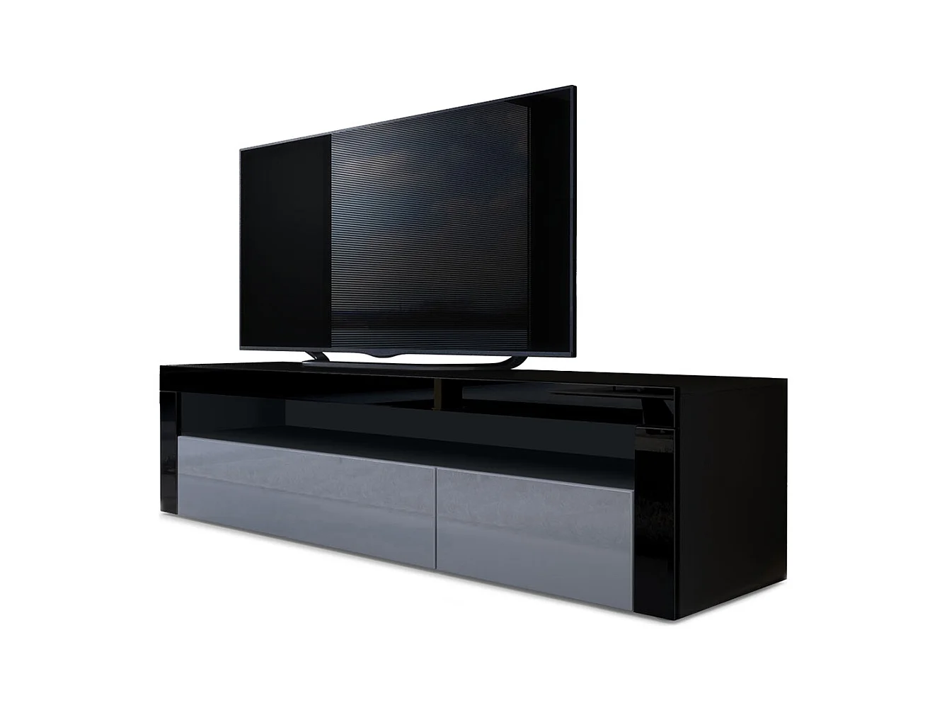 Buffet bas Valencia, Meuble TV avec 1 compartiment ouvert et 2 clapets, Noir mat/gris haute brillance/noir haute brillance (155 x 46 x 40 cm)