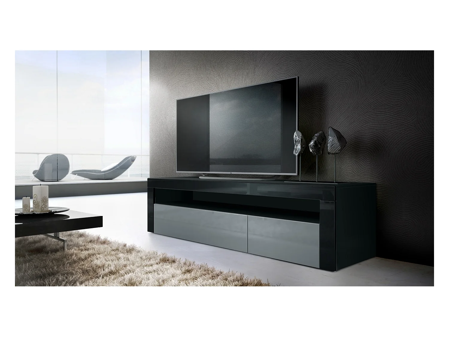 Buffet bas Valencia, Meuble TV avec 1 compartiment ouvert et 2 clapets, Noir mat/gris haute brillance/noir haute brillance (155 x 46 x 40 cm)