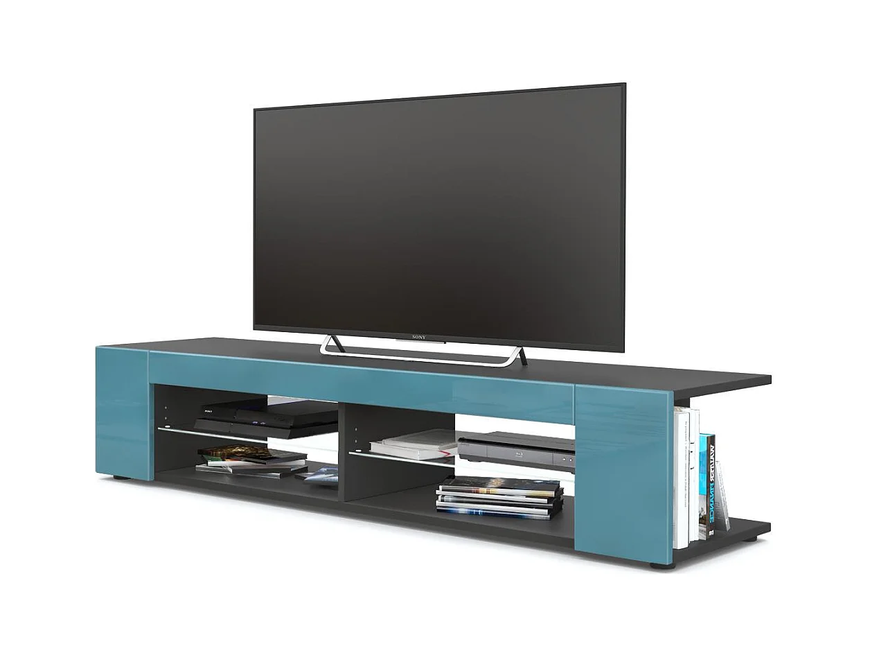 Buffet bas Movie, Meuble TV avec 4 compartiments ouverts et placages décoratifs, Noir mat/Turquoise haute brillance (134 x 29 x 39 cm)