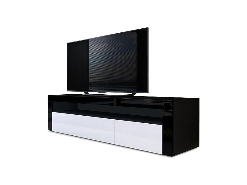 Buffet bas Valencia, Meuble TV avec 1 compartiment ouvert et 2 clapets, Noir mat/blanc haute brillance/noir haute brillance (155 x 46 x 40 cm)