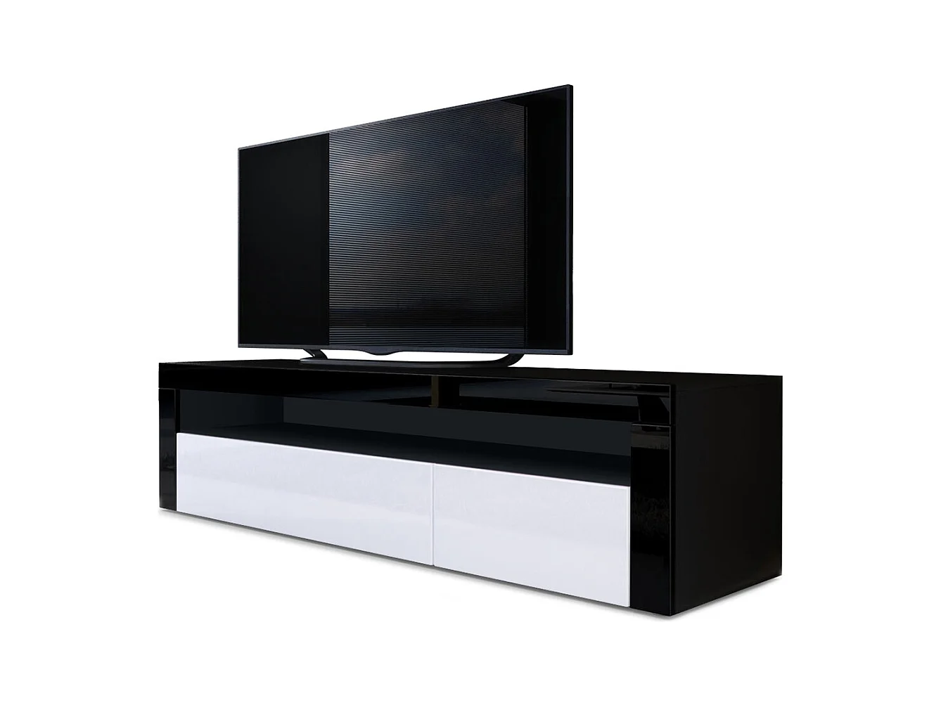 Buffet bas Valencia, Meuble TV avec 1 compartiment ouvert et 2 clapets, Noir mat/blanc haute brillance/noir haute brillance (155 x 46 x 40 cm)