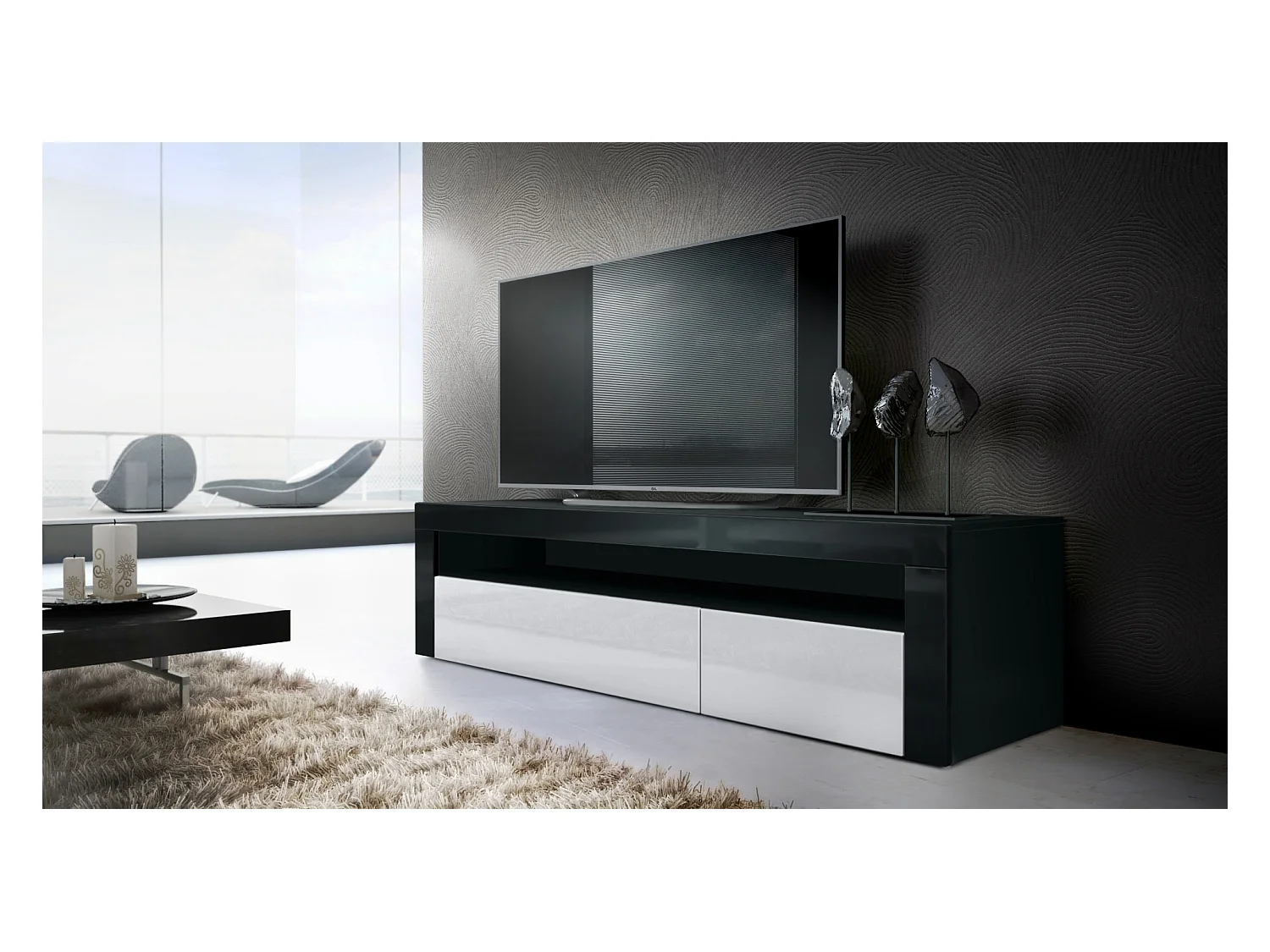 Buffet bas Valencia, Meuble TV avec 1 compartiment ouvert et 2 clapets, Noir mat/blanc haute brillance/noir haute brillance (155 x 46 x 40 cm)
