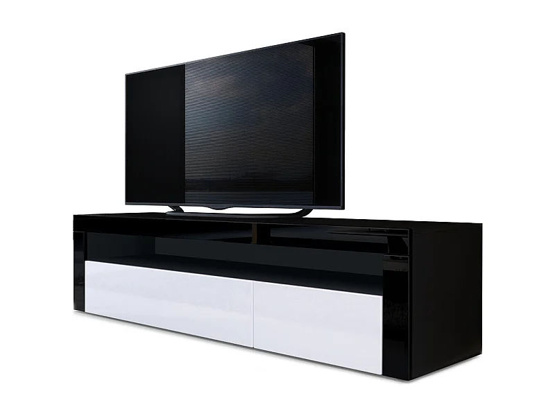 Mobiletto  Valencia, mobile TV con 1 vano a giorno e 2 ante a ribalta, nero opaco/bianco lucido/nero lucido (155 x 46 x 40 cm)