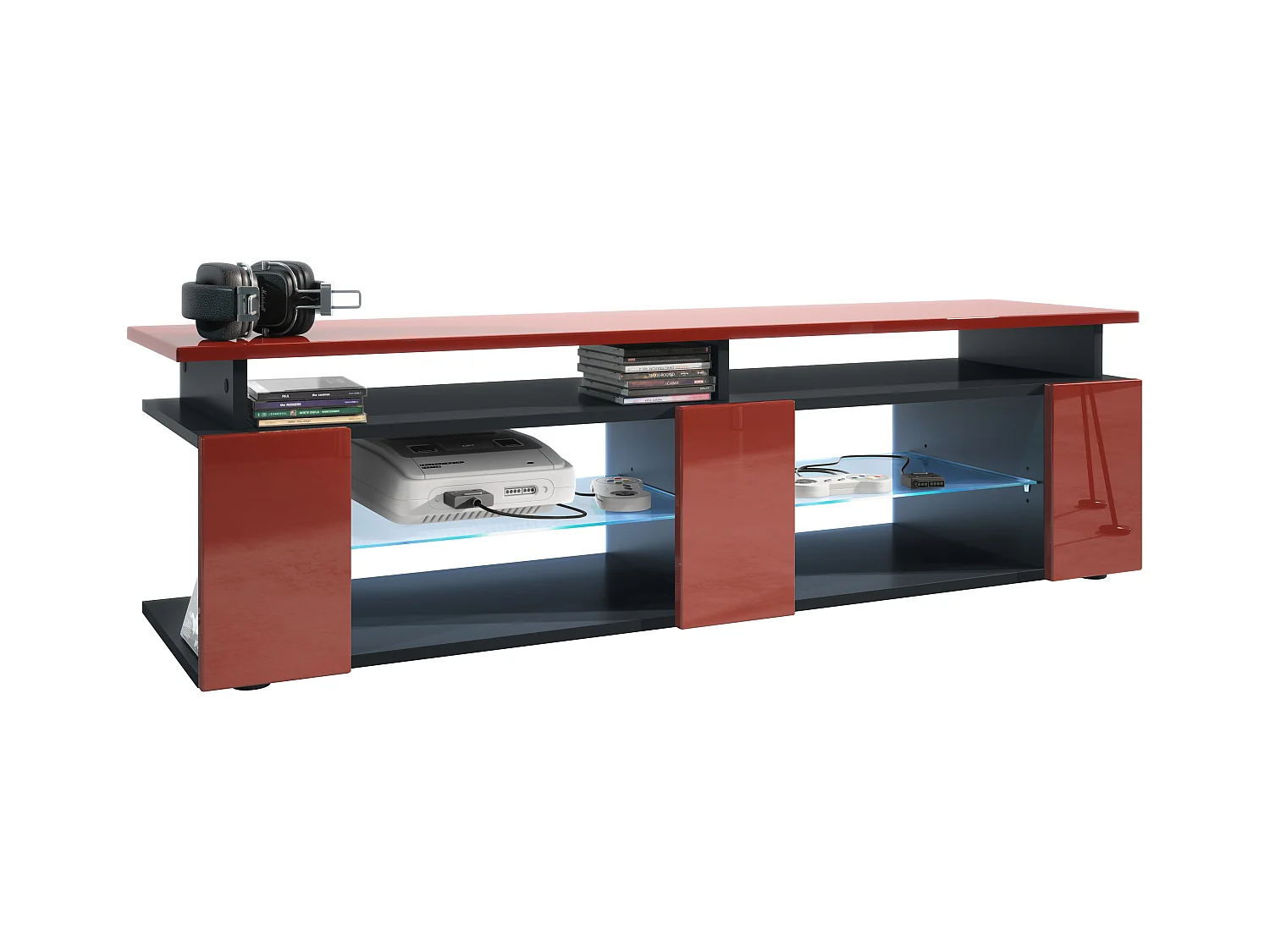 TV Board Movie V2 Game On Lowboard 138,5 x 39 x 39 cm éclairage LED inclus Bleu, caisson en noir mat, façades en bordeaux haute brillance