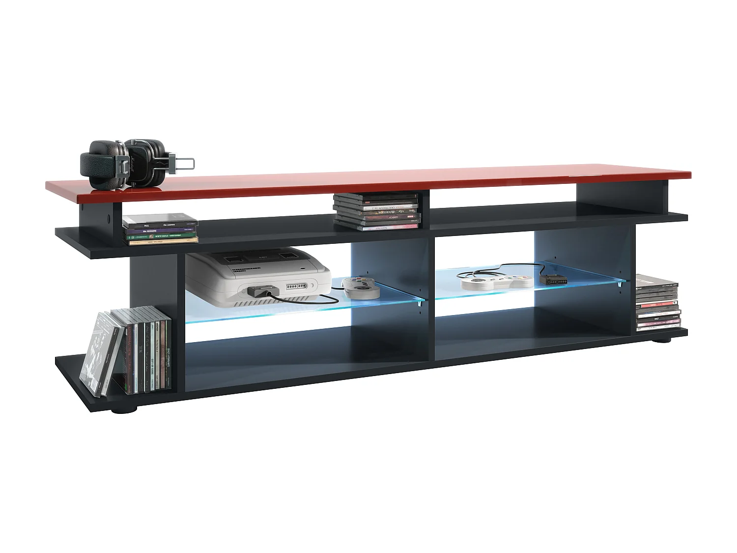 TV Board Movie V3 Game On 138,5 x 39 x 37,5 cm éclairage LED inclus Bleu, caisson en noir mat, élément supérieur en bordeaux haute brillance