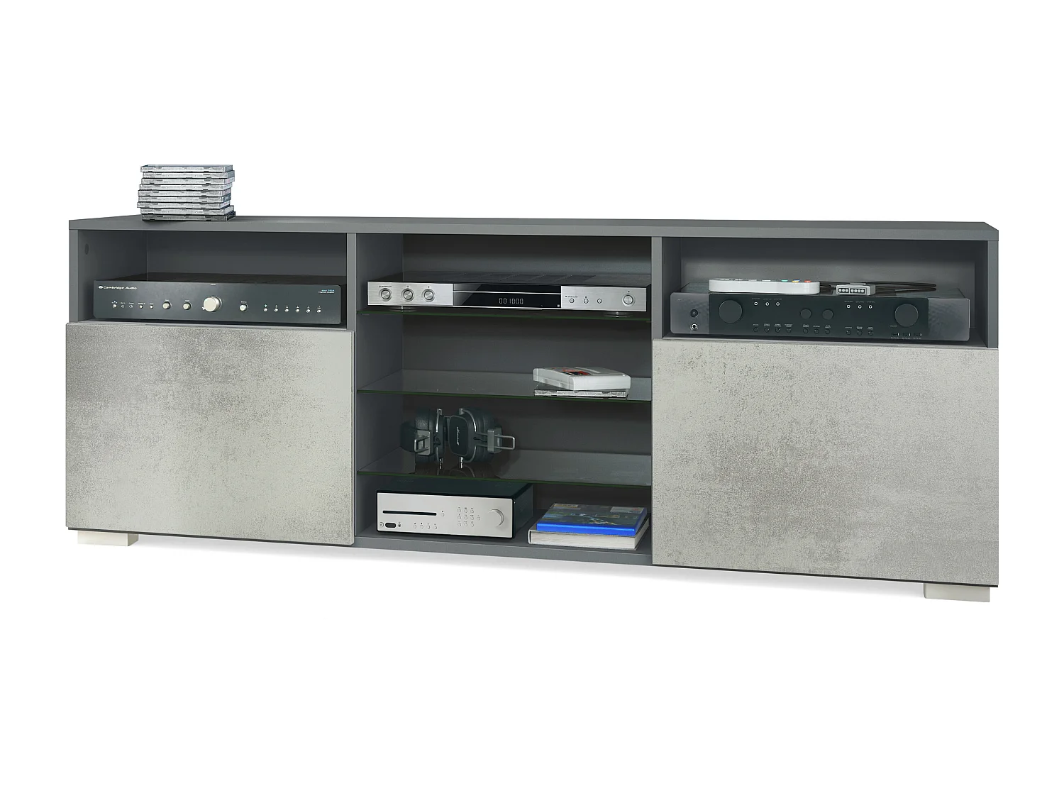 Meuble TV Granada, Lowboard avec 2 portes et 6 compartiments ouverts, corps anthracite mat, façades en aspect béton oxyde (146 x 54 x 35 cm)