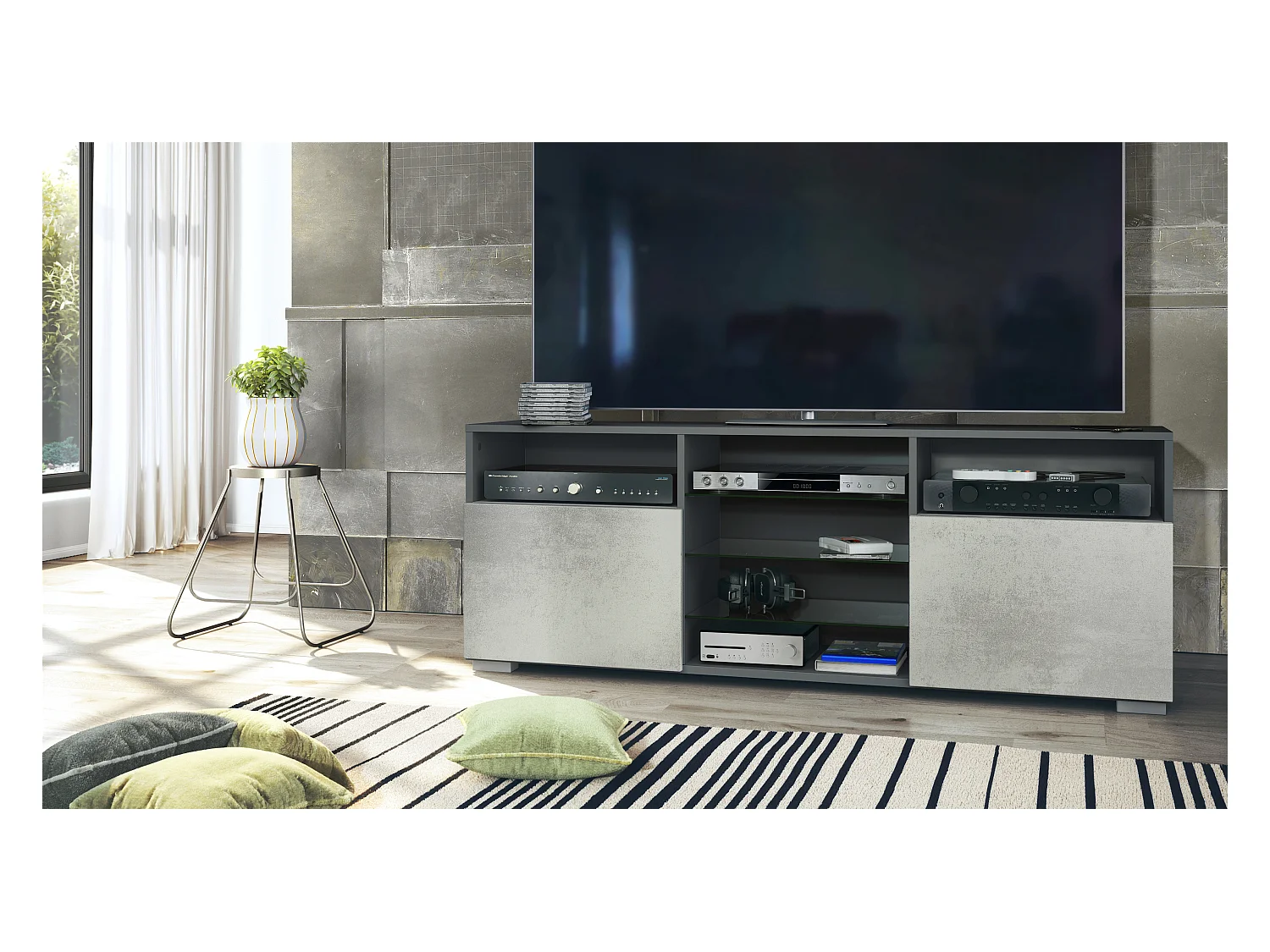 Meuble TV Granada, Lowboard avec 2 portes et 6 compartiments ouverts, corps anthracite mat, façades en aspect béton oxyde (146 x 54 x 35 cm)