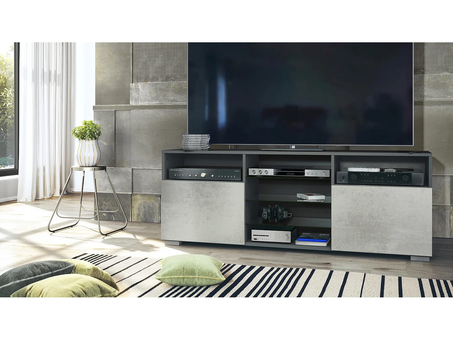 Meuble TV Granada, Lowboard avec 2 portes et 6 compartiments ouverts, corps anthracite mat, façades en aspect béton oxyde (146 x 54 x 35 cm)