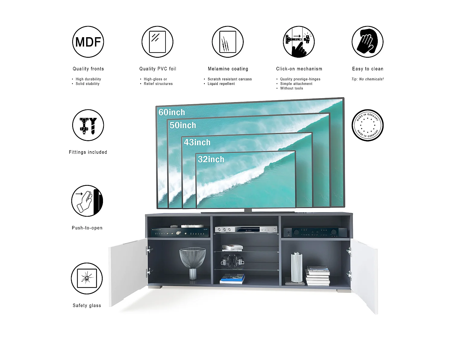 Meuble TV Granada, Lowboard avec 2 portes et 6 compartiments ouverts, corps anthracite mat, façades en aspect béton oxyde (146 x 54 x 35 cm)