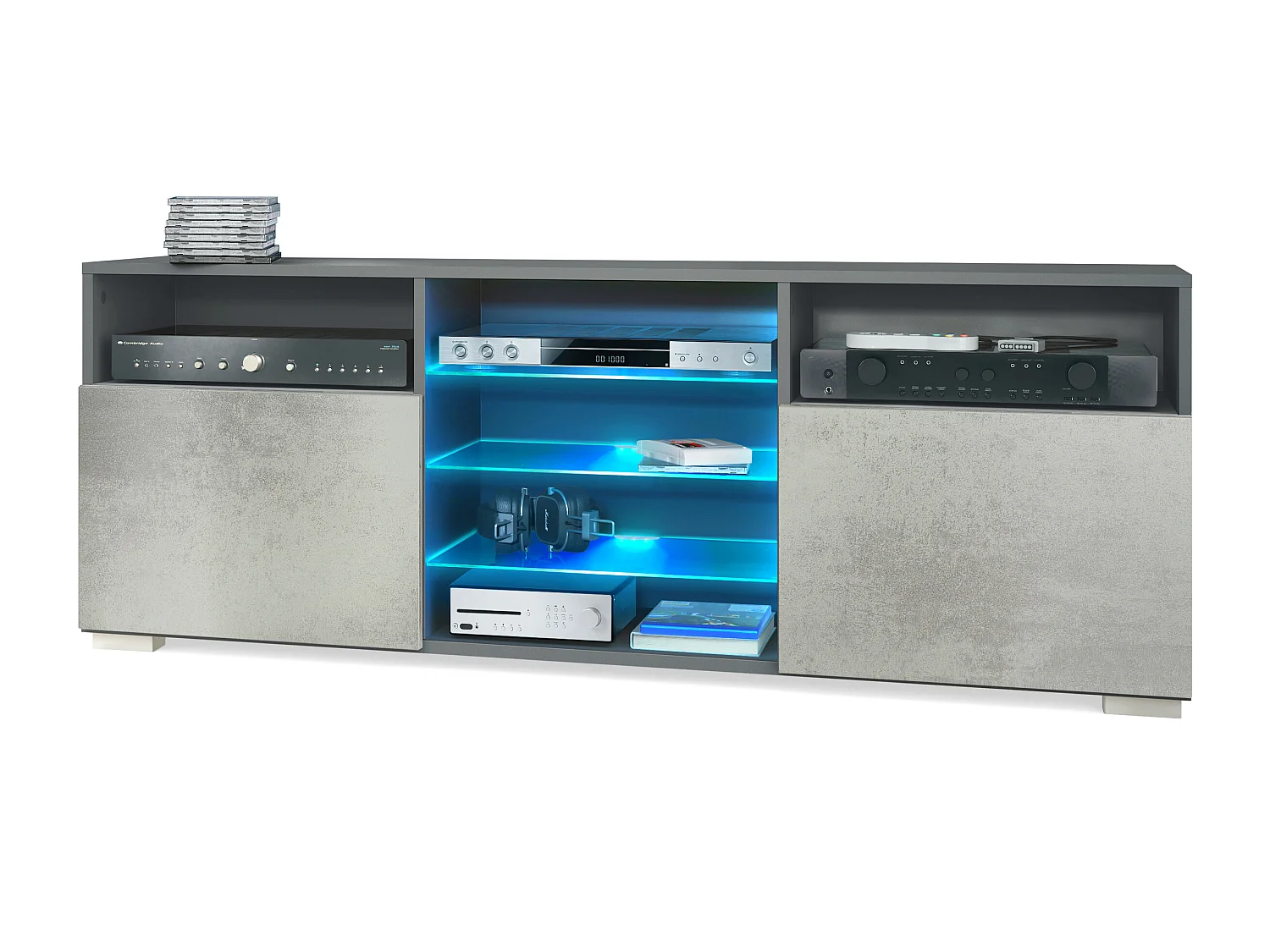 Meuble TV Granada, Lowboard avec 2 portes et 6 compartiments ouverts, corps anthracite mat, façades en aspect béton oxyde avec éclairage LED RVB  (146 x 54 x 35 cm)