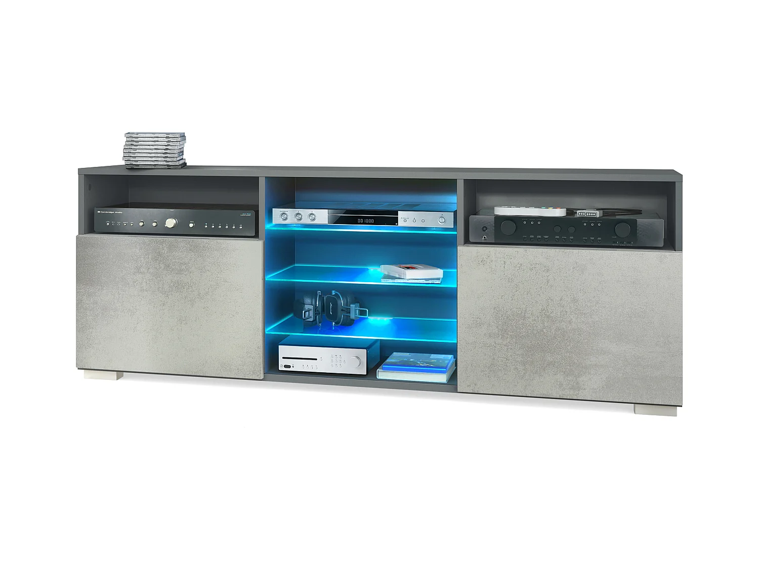 Meuble TV Granada, Lowboard avec 2 portes et 6 compartiments ouverts, corps anthracite mat, façades en aspect béton oxyde avec éclairage LED RVB  (146 x 54 x 35 cm)