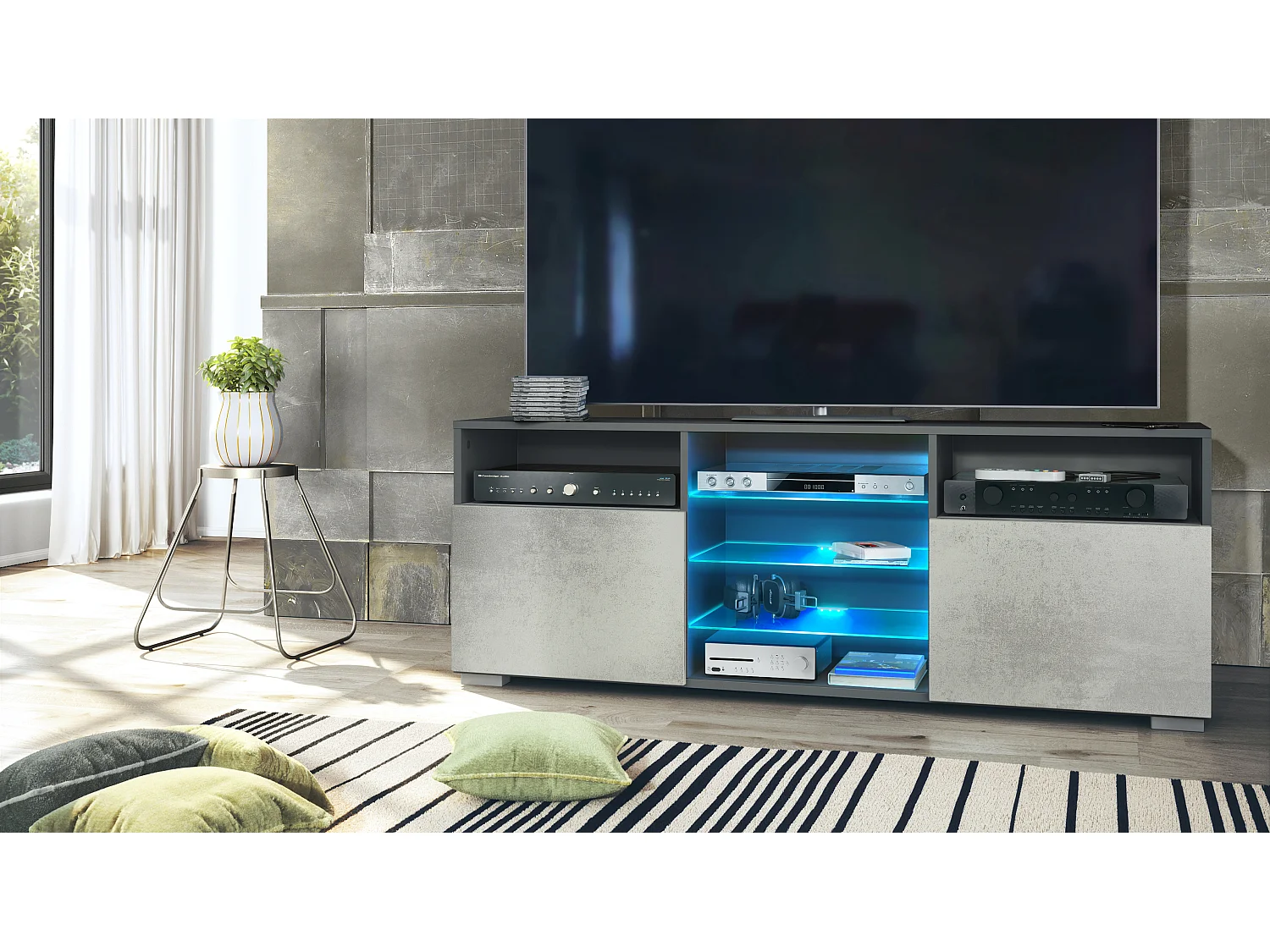 Meuble TV Granada, Lowboard avec 2 portes et 6 compartiments ouverts, corps anthracite mat, façades en aspect béton oxyde avec éclairage LED RVB  (146 x 54 x 35 cm)