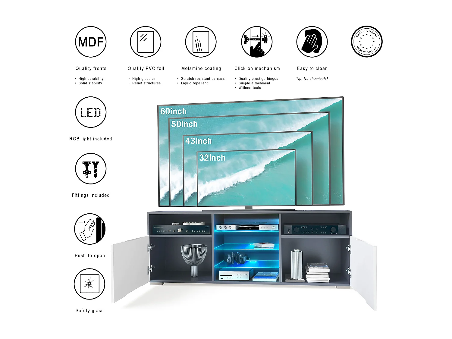 Meuble TV Granada, Lowboard avec 2 portes et 6 compartiments ouverts, corps anthracite mat, façades en aspect béton oxyde avec éclairage LED RVB  (146 x 54 x 35 cm)