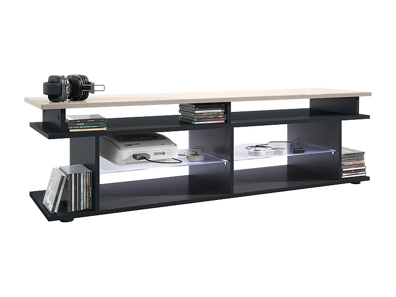 TV Board Movie V3 Game On 138,5 x 39 x 37,5 cm con illuminazione LED bianca, carcassa in nero opaco, supporto per monitor Game in grigio sabbia lucido