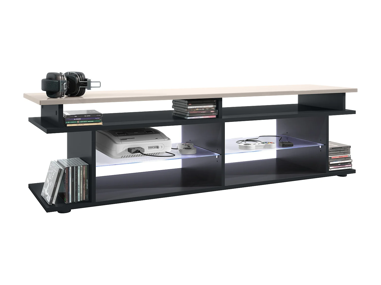 TV Board Movie V3 Game On 138,5 x 39 x 37,5 cm éclairage LED inclus Blanc, caisson en noir mat, élément supérieur en gris sable haute brillance