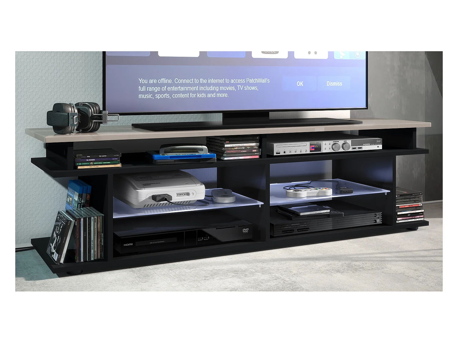 TV Board Movie V3 Game On 138,5 x 39 x 37,5 cm éclairage LED inclus Blanc, caisson en noir mat, élément supérieur en gris sable haute brillance