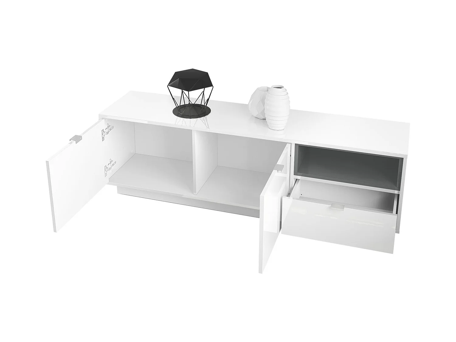 Meuble TV Armoire Metro, Corps en Blanc haute brillance / Façades en Blanc haute brillance avec une insertion en Aspect Béton Oxyde, incl. L'éclairage LED