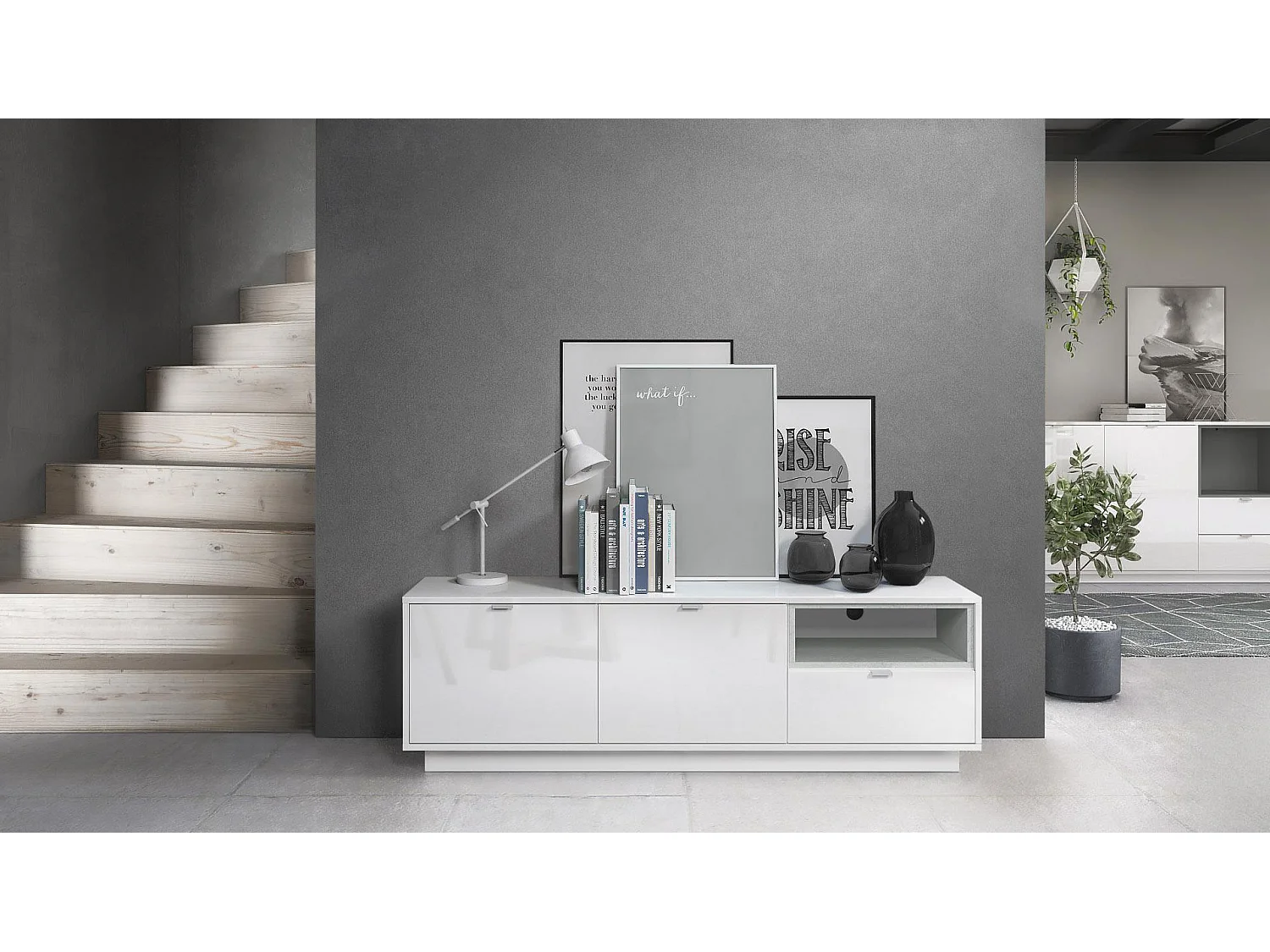Meuble TV Armoire Metro, Corps en Blanc haute brillance / Façades en Blanc haute brillance avec une insertion en Aspect Béton Oxyde, incl. L'éclairage LED