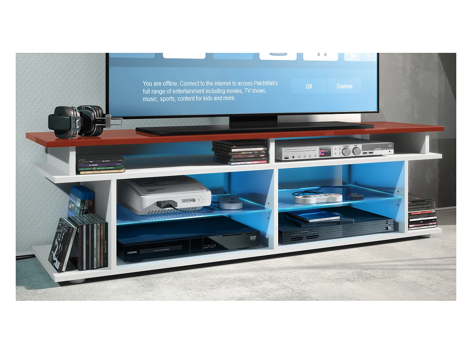 TV Board Movie V3 Game On 138,5 x 39 x 37,5 cm éclairage LED inclus Blanc, caisson en blanc mat, élément supérieur en bordeaux haute brillance