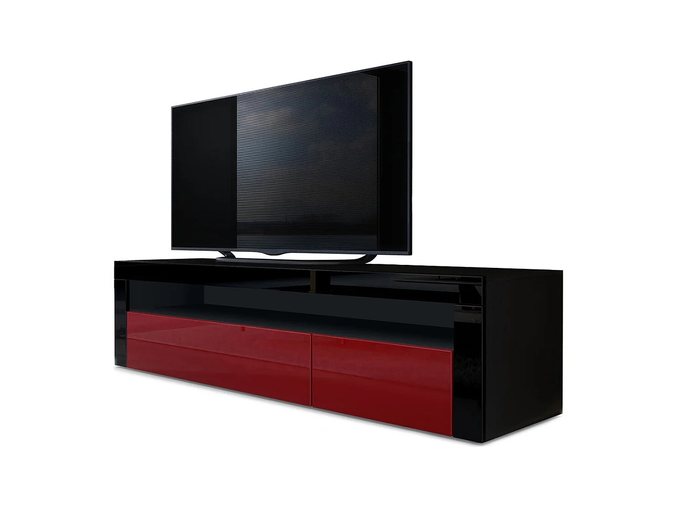 Buffet bas Valencia, Meuble TV avec 1 compartiment ouvert et 2 clapets, Noir mat/bordeaux haute brillance/noir haute brillance (155 x 46 x 40 cm)