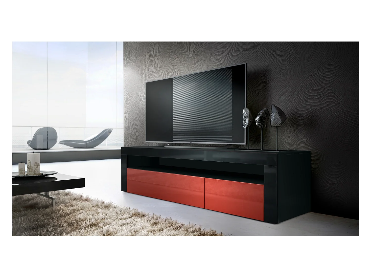 Buffet bas Valencia, Meuble TV avec 1 compartiment ouvert et 2 clapets, Noir mat/bordeaux haute brillance/noir haute brillance (155 x 46 x 40 cm)