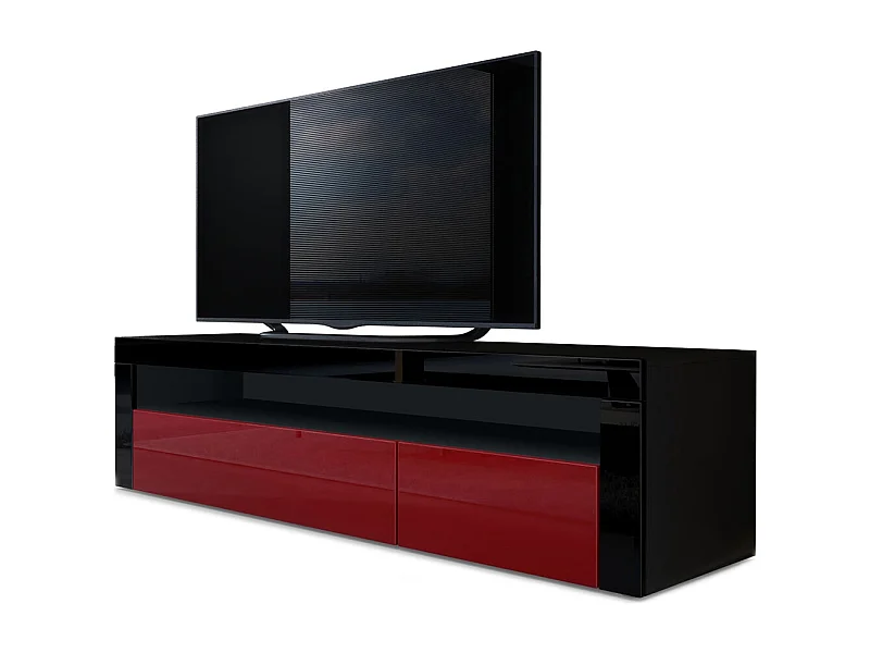 Buffet bas Valencia, Meuble TV avec 1 compartiment ouvert et 2 clapets, Noir mat/bordeaux haute brillance/noir haute brillance (155 x 46 x 40 cm)