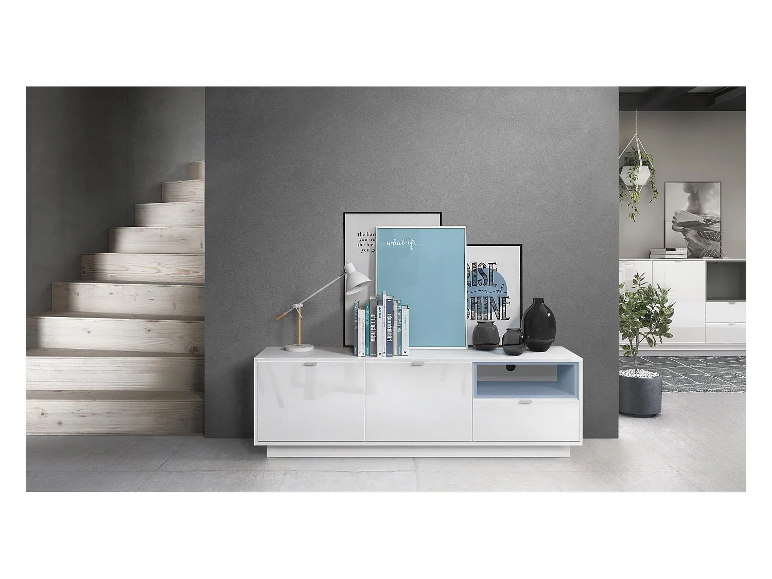 Meuble TV Armoire Metro, Corps en Blanc haute brillance / Façades en Blanc haute brillance avec une insertion en Denim mat, incl. L'éclairage LED