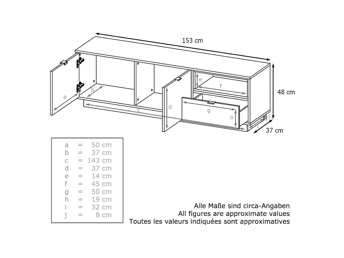 Meuble TV Armoire Metro, Corps en Blanc haute brillance / Façades en Blanc haute brillance avec une insertion en Denim mat, incl. L'éclairage LED