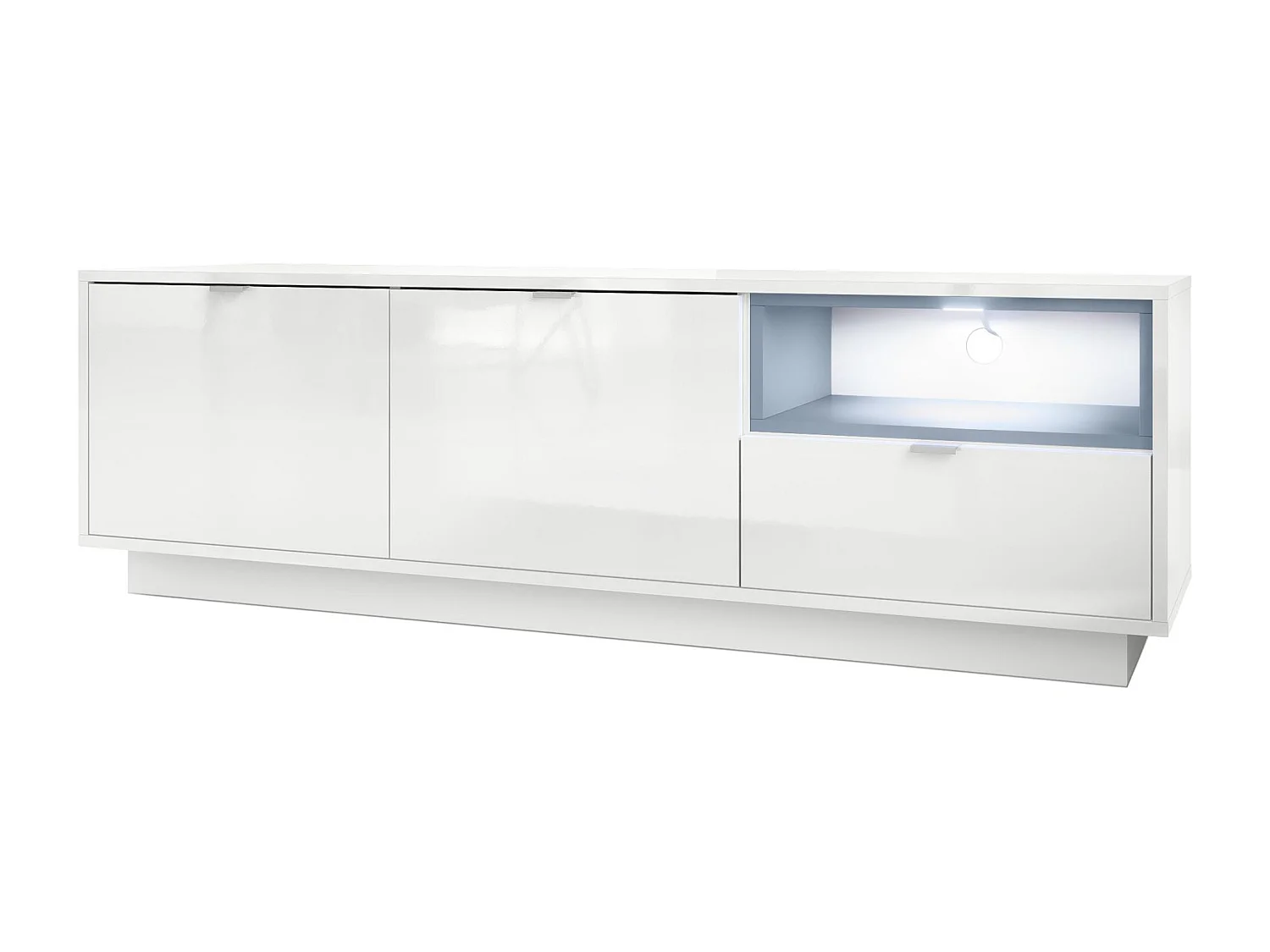 Meuble TV Armoire Metro, Corps en Blanc haute brillance / Façades en Blanc haute brillance avec une insertion en Denim mat, incl. L'éclairage LED
