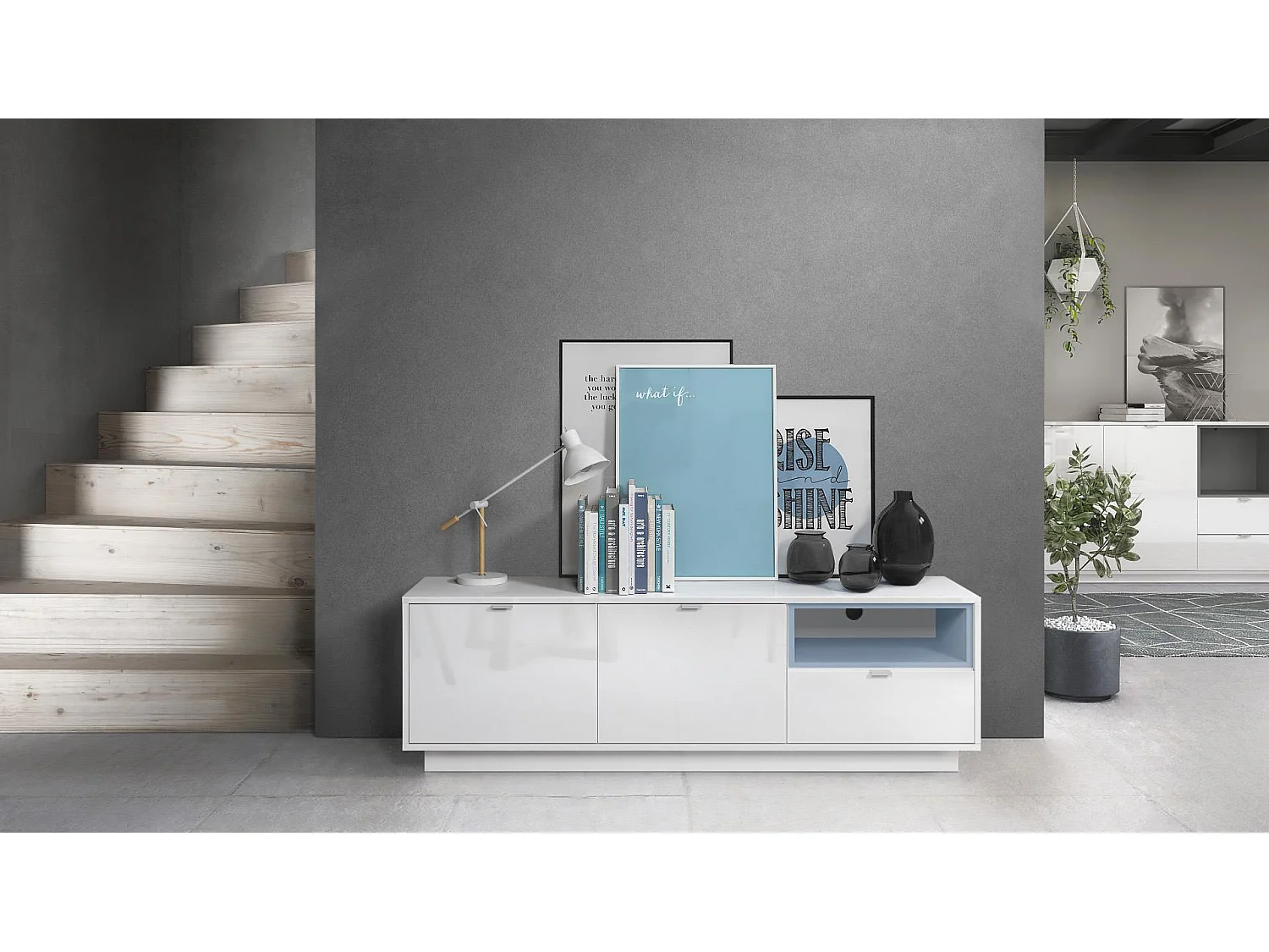 Meuble TV Armoire Metro, Corps en Blanc haute brillance / Façades en Blanc haute brillance avec une insertion en Denim mat, incl. L'éclairage LED