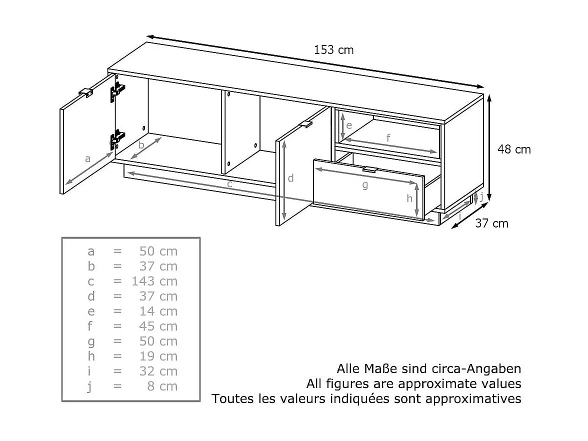 Meuble TV Armoire Metro, Corps en Blanc haute brillance / Façades en Blanc haute brillance avec une insertion en Denim mat, incl. L'éclairage LED