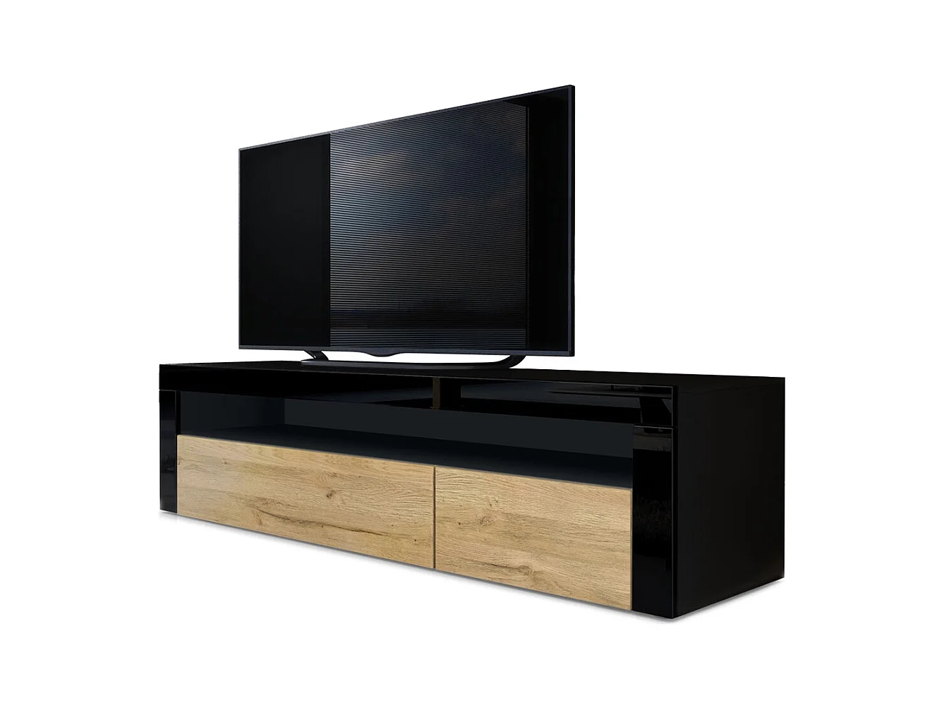 Mobiletto  Valencia, mobile TV con 1 vano a giorno e 2 ante a ribalta, nero opaco/rovere naturale/nero lucido (155 x 46 x 40 cm)