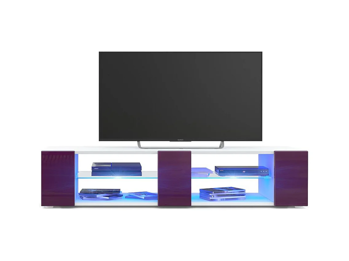 Buffet bas Movie V2, Meuble TV avec 6 compartiments ouverts et placages décoratifs, Blanc mat/Mûre brillant, éclairage LED bleu inclus (134 x 29 x 39 cm)