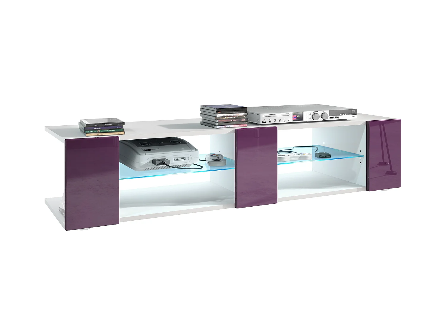 Buffet bas Movie V2, Meuble TV avec 6 compartiments ouverts et placages décoratifs, Blanc mat/Mûre brillant, éclairage LED bleu inclus (134 x 29 x 39 cm)