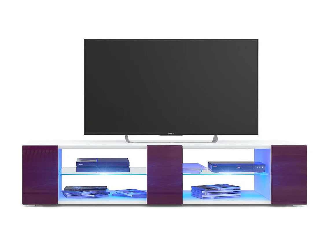 Buffet bas Movie V2, Meuble TV avec 6 compartiments ouverts et placages décoratifs, Blanc mat/Mûre brillant, éclairage LED bleu inclus (134 x 29 x 39 cm)