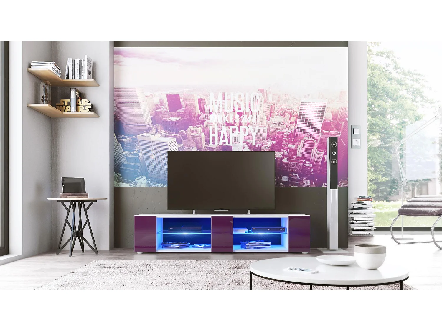 Buffet bas Movie V2, Meuble TV avec 6 compartiments ouverts et placages décoratifs, Blanc mat/Mûre brillant, éclairage LED bleu inclus (134 x 29 x 39 cm)