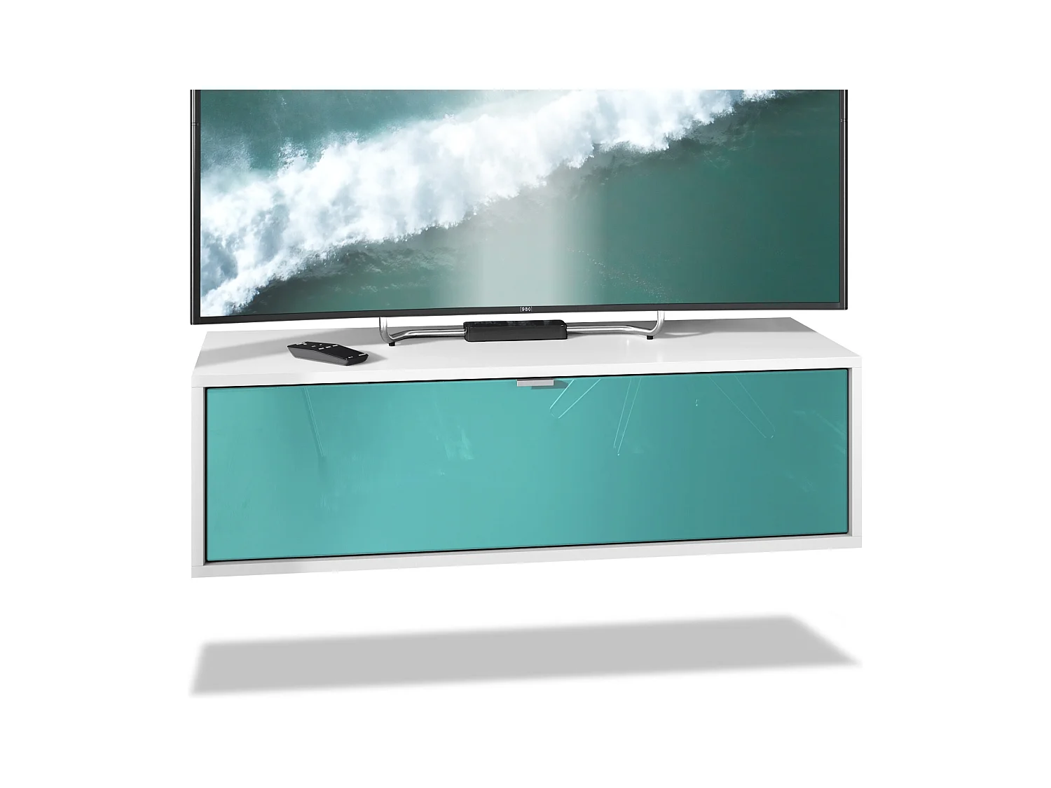Meuble TV Lana 100 armoire murale lowboard 100 x 29 x 37 cm, caisson en Blanc mat, façades en Turquoise haute brillance | Grand choix de couleurs