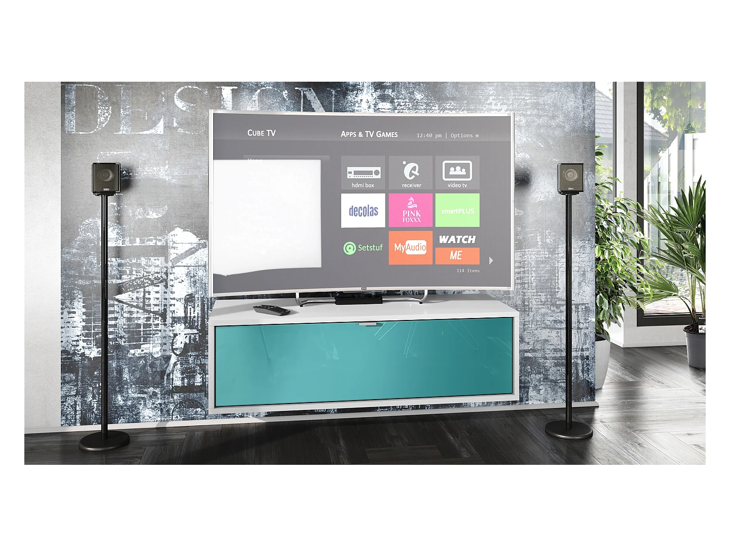 Meuble TV Lana 100 armoire murale lowboard 100 x 29 x 37 cm, caisson en Blanc mat, façades en Turquoise haute brillance | Grand choix de couleurs