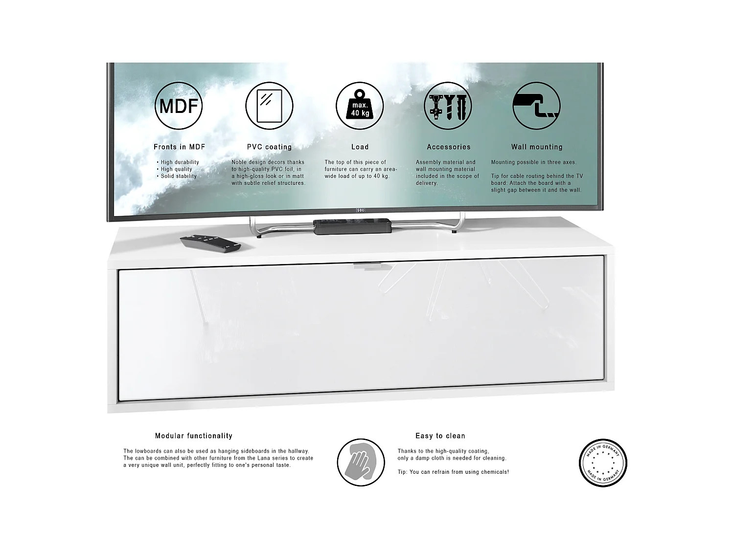 Meuble TV Lana 100 armoire murale lowboard 100 x 29 x 37 cm, caisson en Blanc mat, façades en Turquoise haute brillance | Grand choix de couleurs