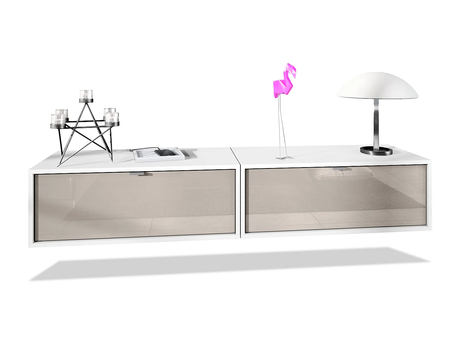 Ensemble de 2 set meuble TV Lana 80, lowboards de 80 x 29 x 37 cm chacun avec beaucoup d'espace de rangement, caisson en Blanc mat, façades en Gris sable brillant