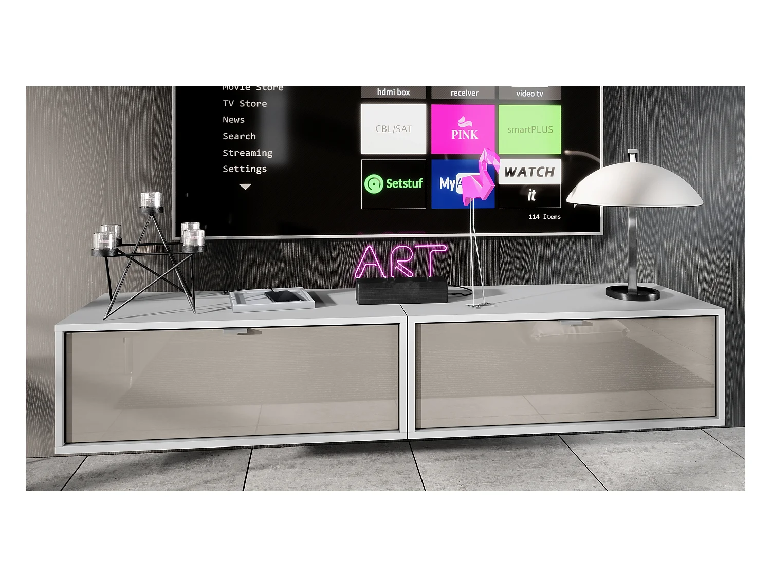 Ensemble de 2 set meuble TV Lana 80, lowboards de 80 x 29 x 37 cm chacun avec beaucoup d'espace de rangement, caisson en Blanc mat, façades en Gris sable brillant