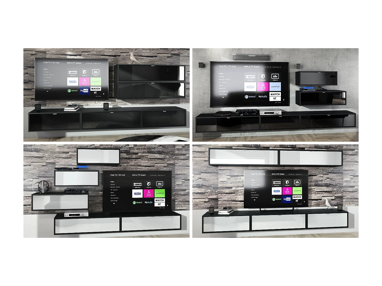 Ensemble de 2 set meuble TV Lana 80, lowboards de 80 x 29 x 37 cm chacun avec beaucoup d'espace de rangement, caisson en Blanc mat, façades en Gris sable brillant