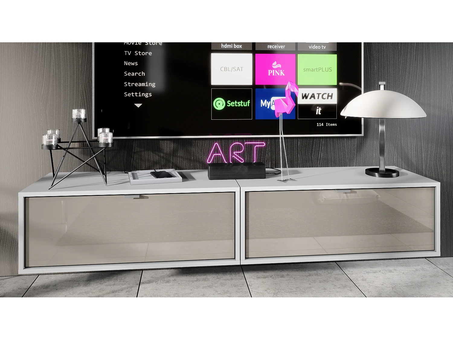 Ensemble de 2 set meuble TV Lana 80, lowboards de 80 x 29 x 37 cm chacun avec beaucoup d'espace de rangement, caisson en Blanc mat, façades en Gris sable brillant