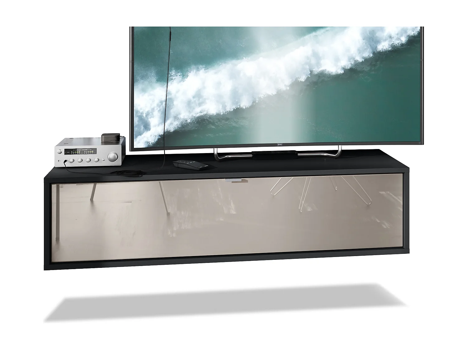 Meuble TV Lana 120 armoire murale lowboard 120 x 29 x 37 cm, caisson en Noir mat, façades en gris sable haute brillance | Grand choix de couleurs