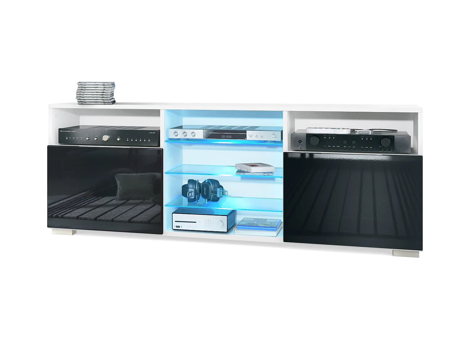 Meuble TV Granada, Lowboard avec 2 portes et 6 compartiments ouverts, corps blanc mat, façades en noir haute brillance avec éclairage LED RVB (146 x 54 x 35 cm)