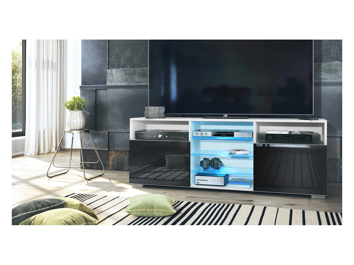 Meuble TV Granada, Lowboard avec 2 portes et 6 compartiments ouverts, corps blanc mat, façades en noir haute brillance avec éclairage LED RVB (146 x 54 x 35 cm)