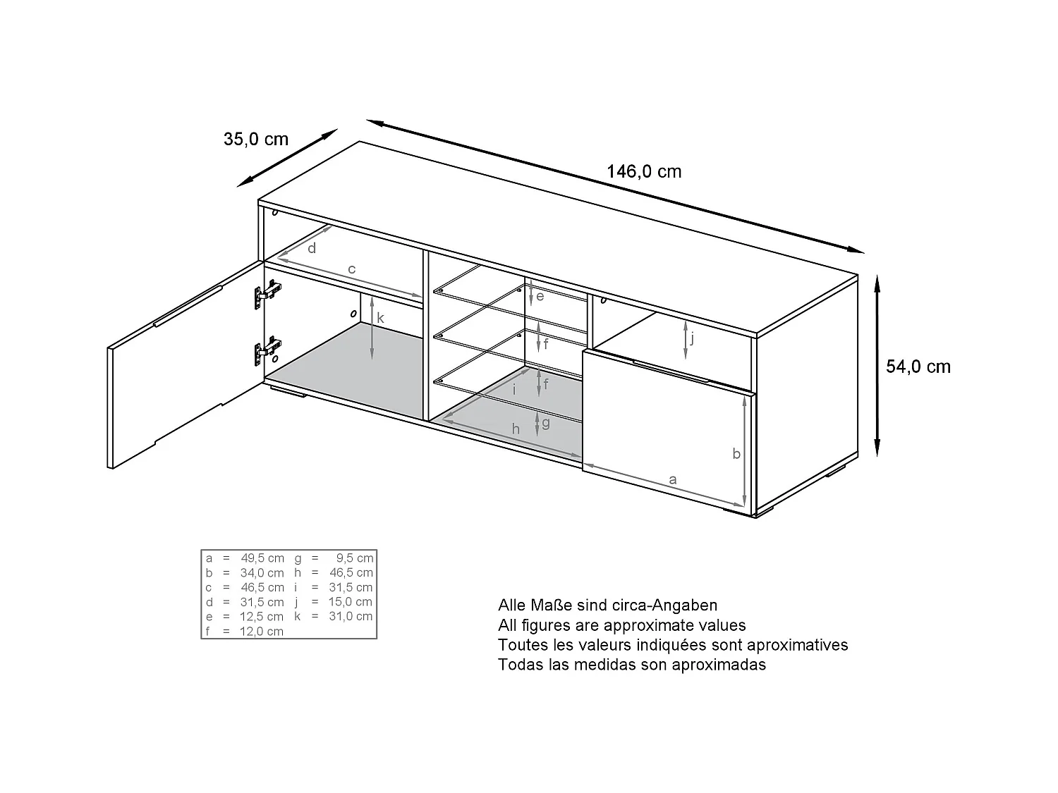 Meuble TV Granada, Lowboard avec 2 portes et 6 compartiments ouverts, corps blanc mat, façades en noir haute brillance avec éclairage LED RVB (146 x 54 x 35 cm)