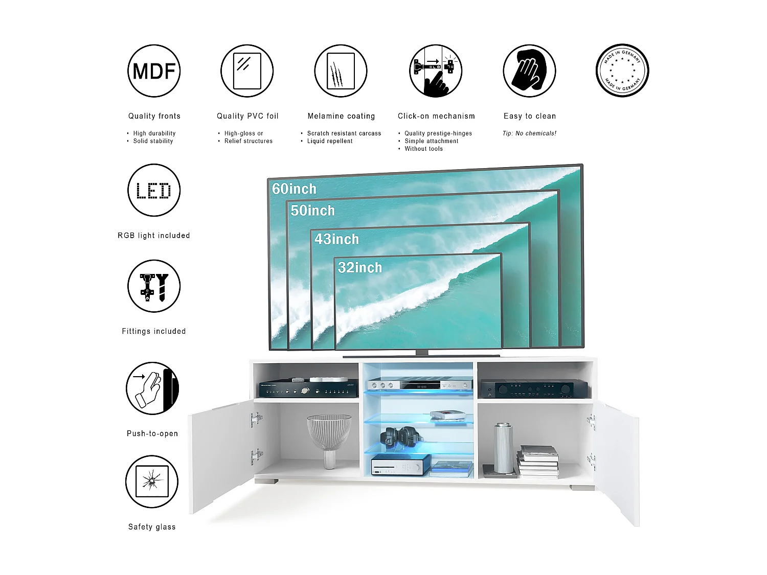 Meuble TV Granada, Lowboard avec 2 portes et 6 compartiments ouverts, corps blanc mat, façades en noir haute brillance avec éclairage LED RVB (146 x 54 x 35 cm)